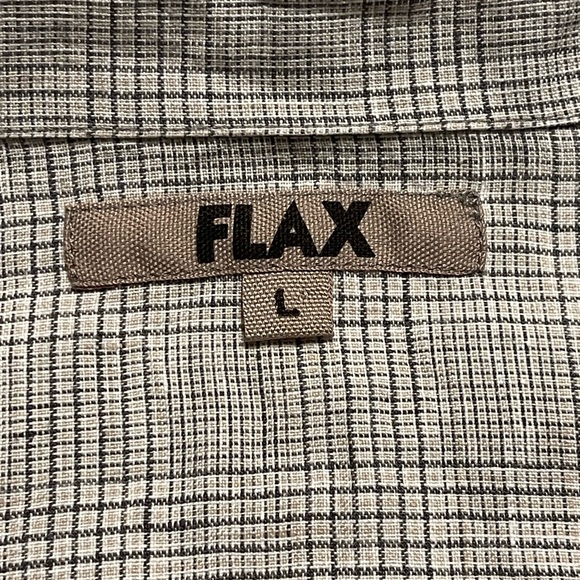 Flax Women’s Large Linen Tan Plaid Print Button Down Long Sleeve Shirt - Picture 6 of 7
